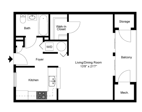 Floor plan for 1 bed, 1 bath